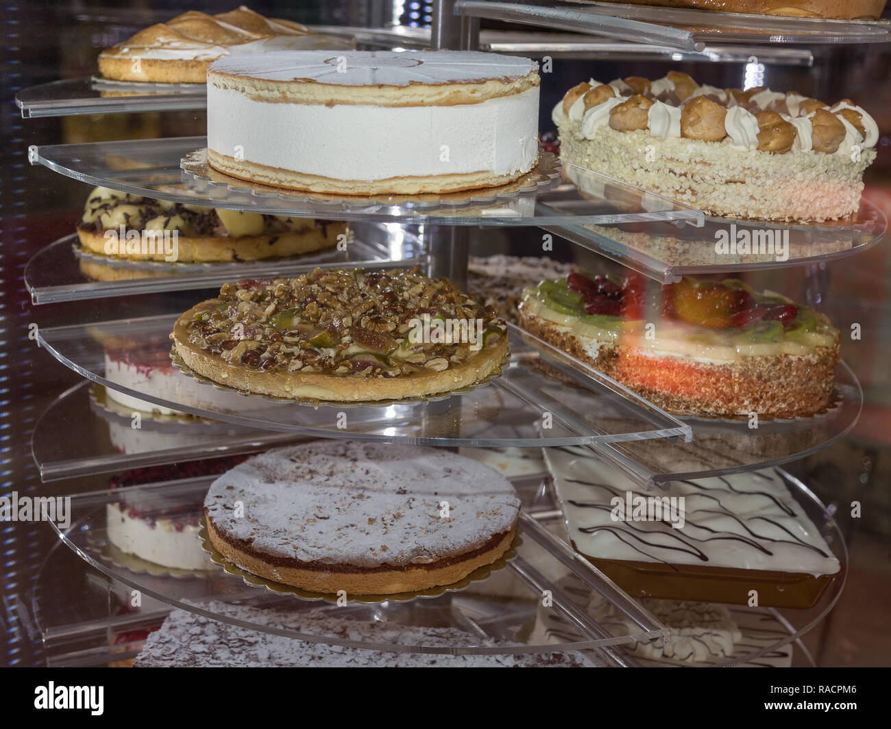 Several Types of Stuffed Cakes inside a Pastry Display Stand Stock ...