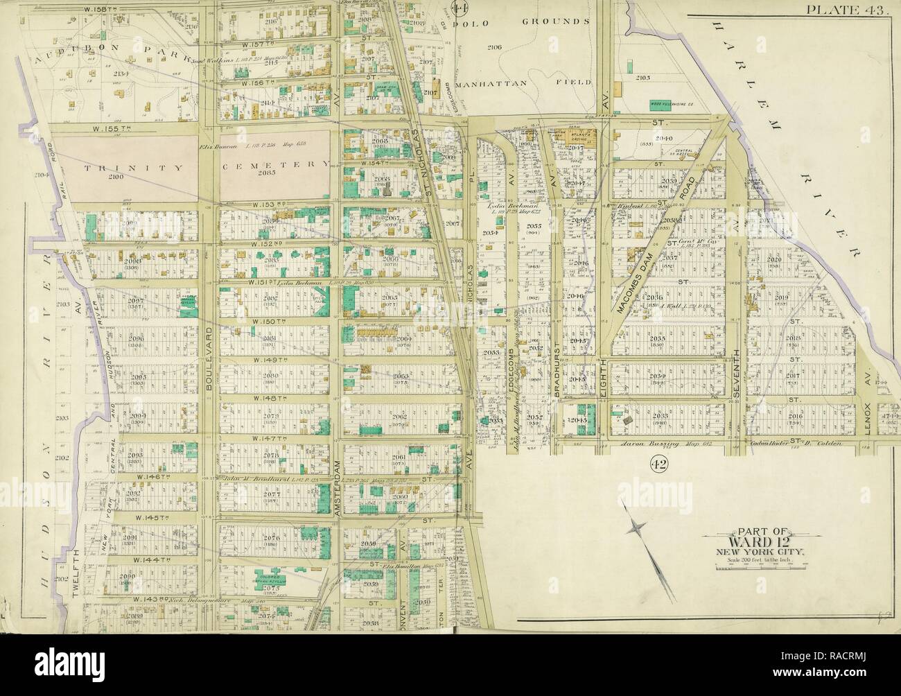 Manhattan, Double Page Plate No. 43 [Map bounded by W. 158thSt., Harlem River, W. 143rd St., Hudson River. Reimagined Stock Photo