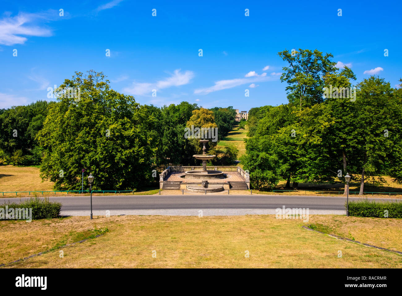 Potsdam, Brandenburg / Germany - 2018/07/29: Panoramic view of the Ruinenberg hill with Rossbrunnen waterworks in the historic Bornstedt quarter of Po Stock Photo