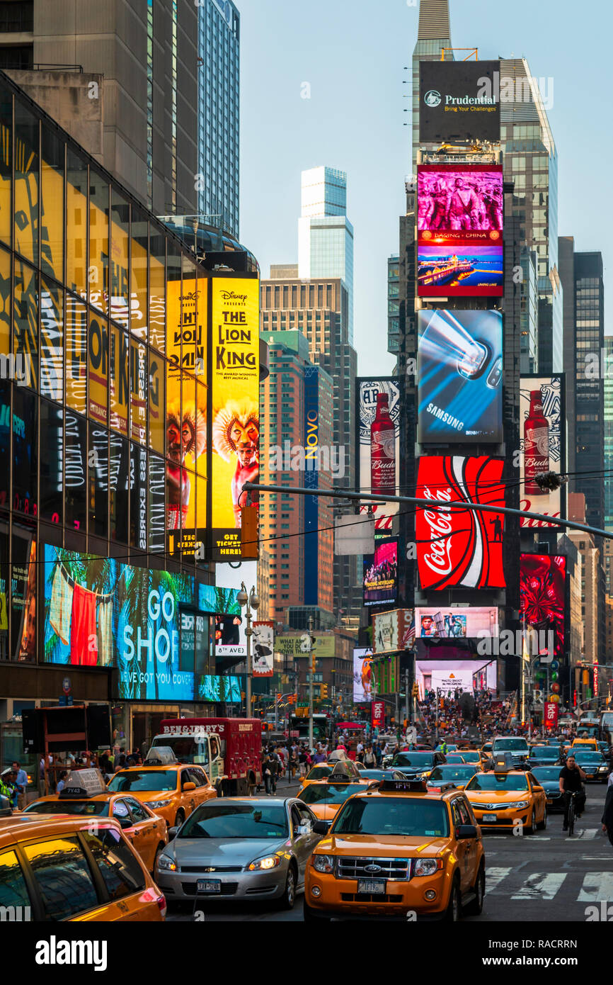 Bright billboards, busy traffic, Times Square, Broadway, Theatre District, Manhattan, New York, United States of America, North America Stock Photo