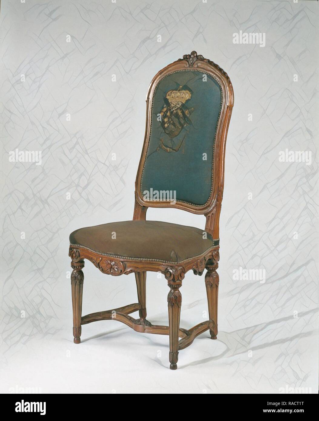 Chair beech wood with fluted legs and carved, upholstered in bluegreen