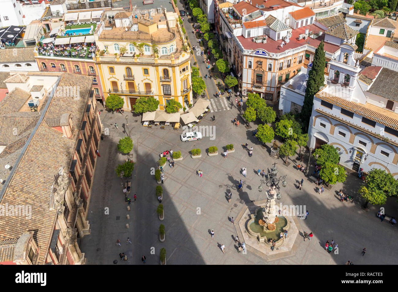View from the Giralda Bell Tower down to the Virgen de los Reyes square, Seville, Andalusia, Spain, Europe Stock Photo