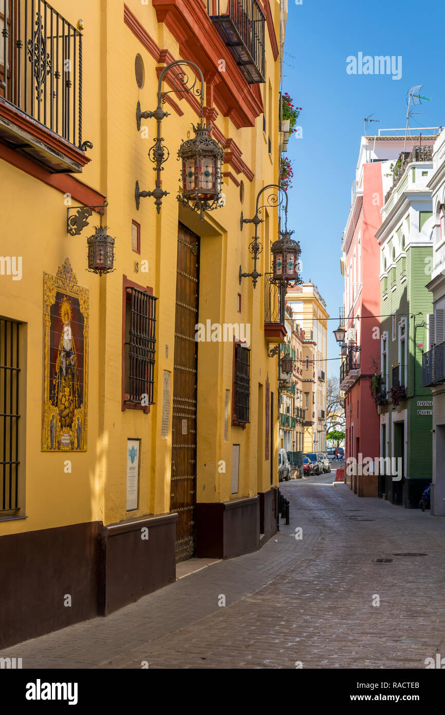 Narrow street in the historical centre, Seville, Andalusia, Spain, Europe Stock Photo