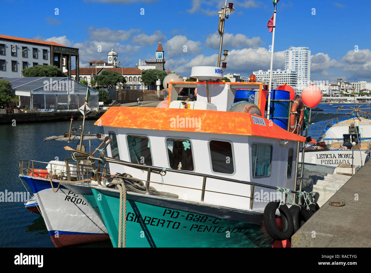 Fishing boats, Ponta Delgada City, Sao Miguel Island, Azores, Portugal, Atlantic, Europe Stock Photo