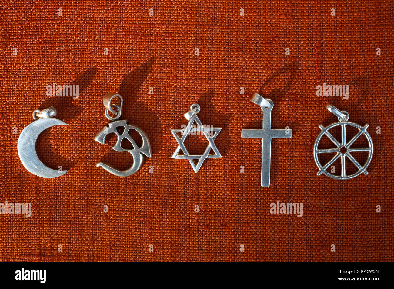 Symbols of five religions, Islam, Hinduism, Judaism, Christianity, Buddhism, France, Europe Stock Photo