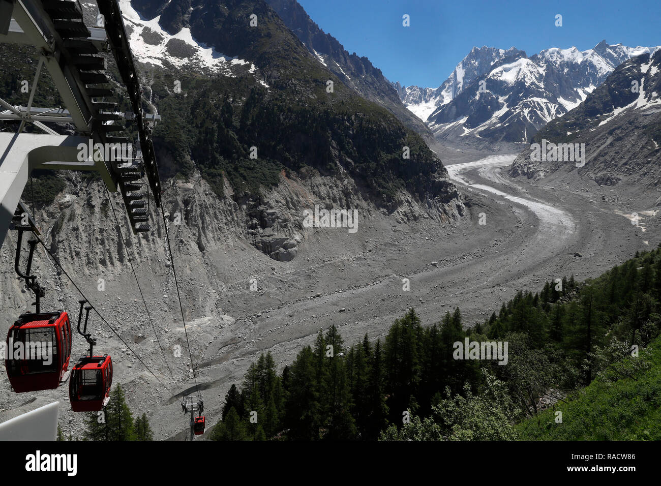 Gondola lift, the Mer De Glace glacier which has thinned 150 meters since 1820, Mont Blanc Massif, Haute-Savoie, French Alps, France, Europe Stock Photo