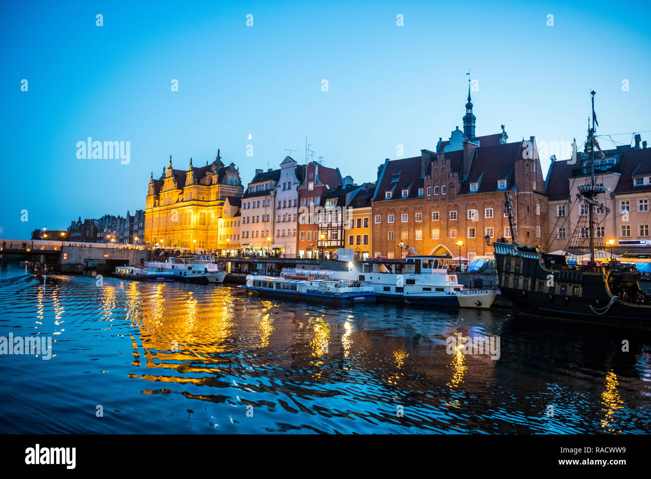 Hanseatic League houses on the Motlawa River at sunset, Gdansk, Poland, Europe Stock Photo