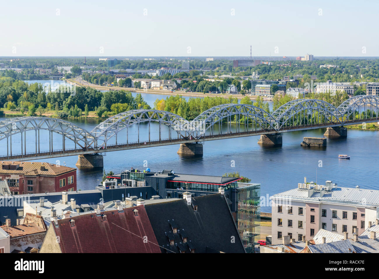 Daugava River and Railway Bridge, Riga, Latvia, Europe Stock Photo