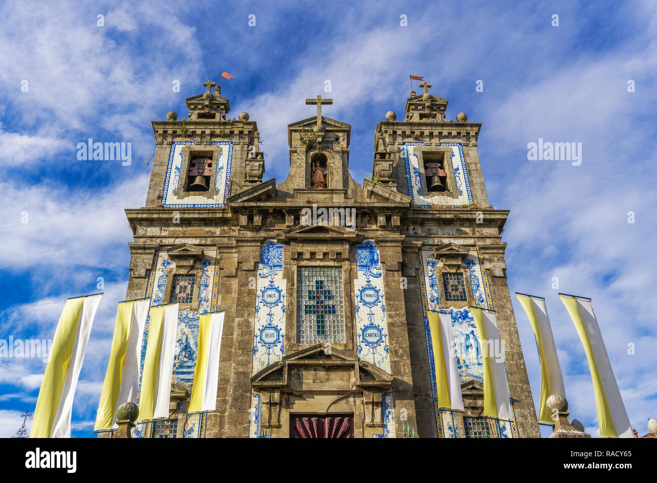 Facade of Igreja de Santo Ildefonso (Church of St. Ildelfonso) with azulejo blue and white painted ceramic tiles, Porto, Portugal, Europe Stock Photo