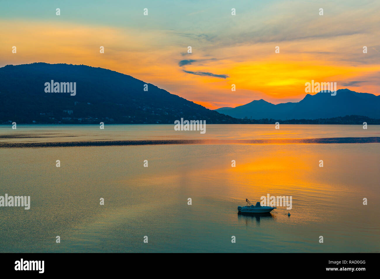 View of sunrise on Lake Maggiore from Baveno, Lago Maggiore, Piedmont, Italian Lakes, Italy, Europe Stock Photo