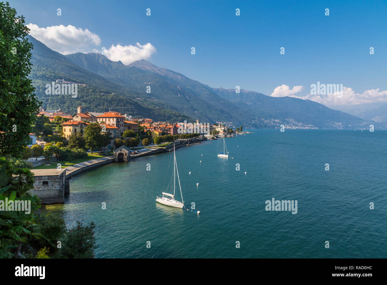 Elevated view of Cannobio and Lake Maggiore, Lake Maggiore, Piedmont, Italian Lakes, Italy, Europe Stock Photo
