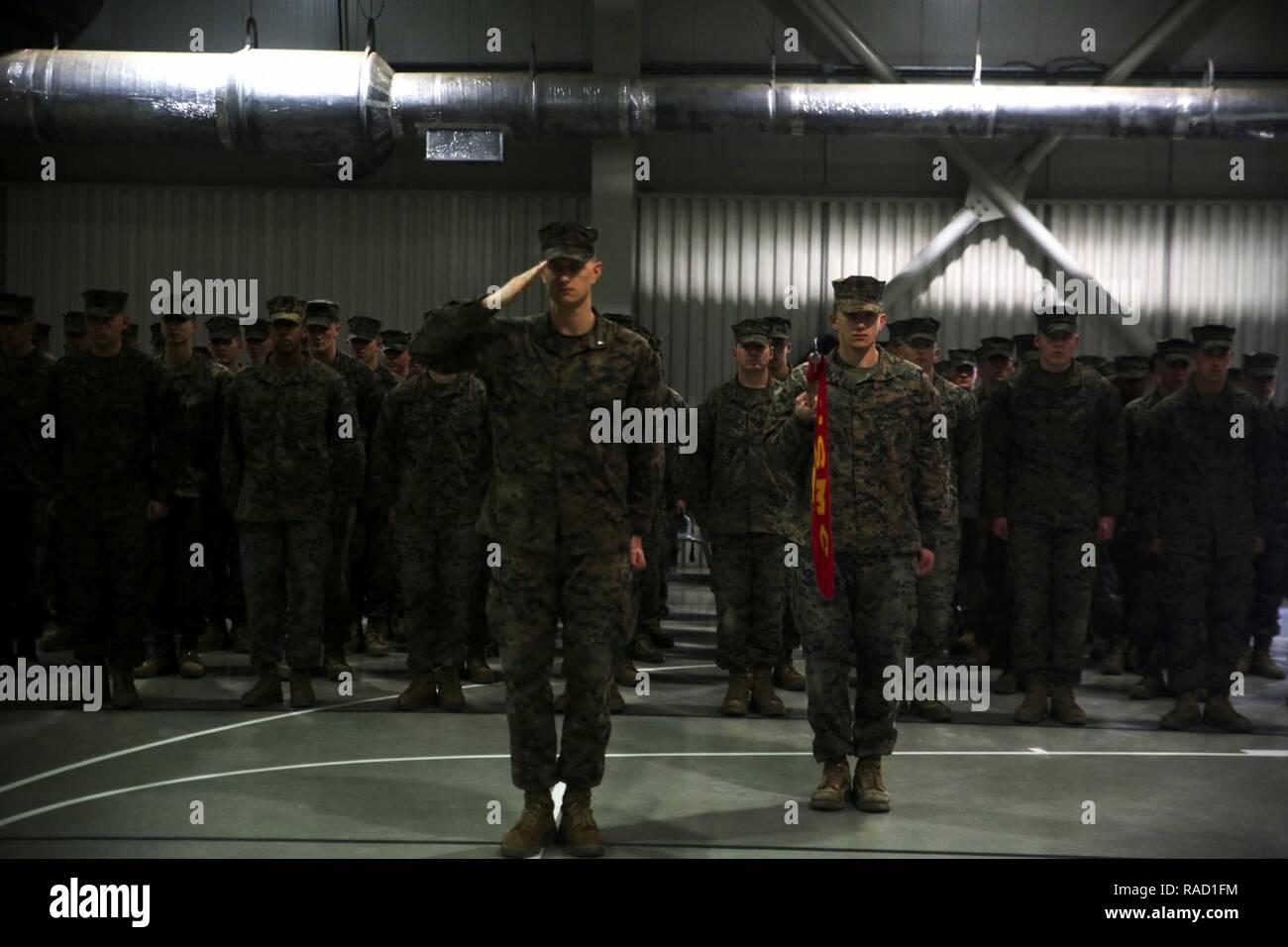 U.S. Marines with Headquarters and Support Company with Black Sea Rotational Force 17.1 stand in formation during a transfer of authority ceremony at Mihail Kogalniceanu Air Base, Romania on Jan. 26, 2017. BSRF 16.2 was relieved by BSRF 17.1 after their six month deployment that included operations with 14 partner nations in Europe. Stock Photo