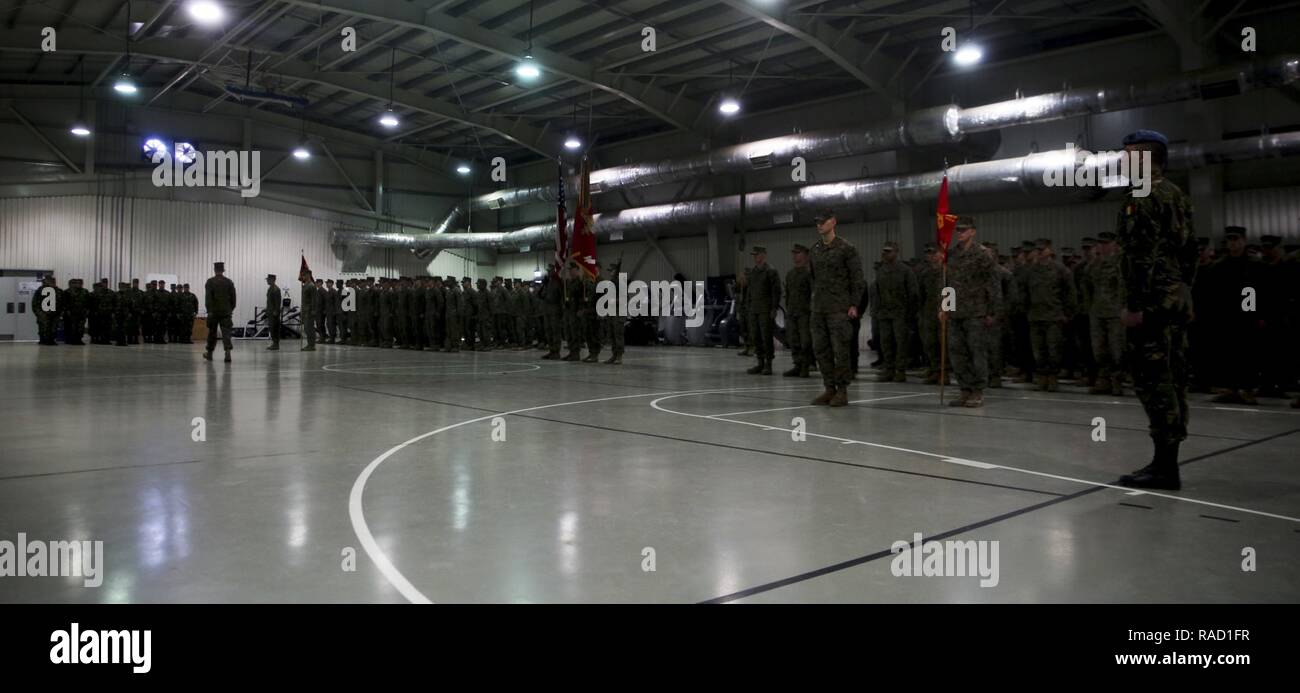 U.S. Marines and Romanian forces stand together at attention at the introduction of the transfer of authority ceremony on Mihail Kogalniceanu Air Base, Romania, Jan. 26, 2017. BSRF 16.2 was relieved by BSRF 17.1 after their six month deployment that included operations with 14 partner nations in Europe. Stock Photo