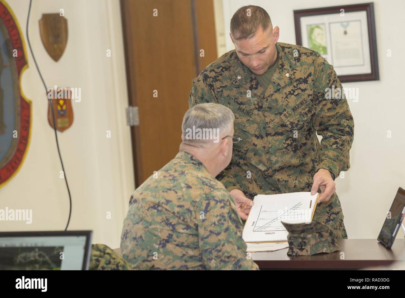U.S. Marine Corps Lt. Col. Marcus J. Mainz, battalion commander, 2nd Battalion, 6th Marine Regiment, 2nd Marine Division (2d MARDIV), briefs Gen. Glenn Walters the Assistant Commandant of the Marine Corps on simulator training systems during a visit to Camp Lejeune, N.C., Jan. 27, 2017. The purpose of the visit was to increase awareness and capabilities of ground simulation and simulator training systems in support of operational forces combat readiness. Stock Photo