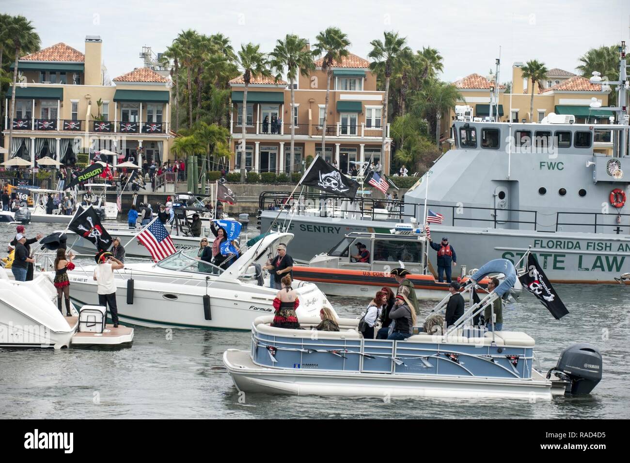 Crews from the Coast Guard, Coast Guard Auxiliary and Florida Fish and Wildlife Conservation Commission worked with local law enforcement agencies Saturday, Jan. 28, 2017 to keep waterways safe during the 2017 Gasparilla Parade and Pirate Festival in the Port of Tampa. U.S. Coast Guard Petty Officer 1st Class Michael De Nyse Stock Photo