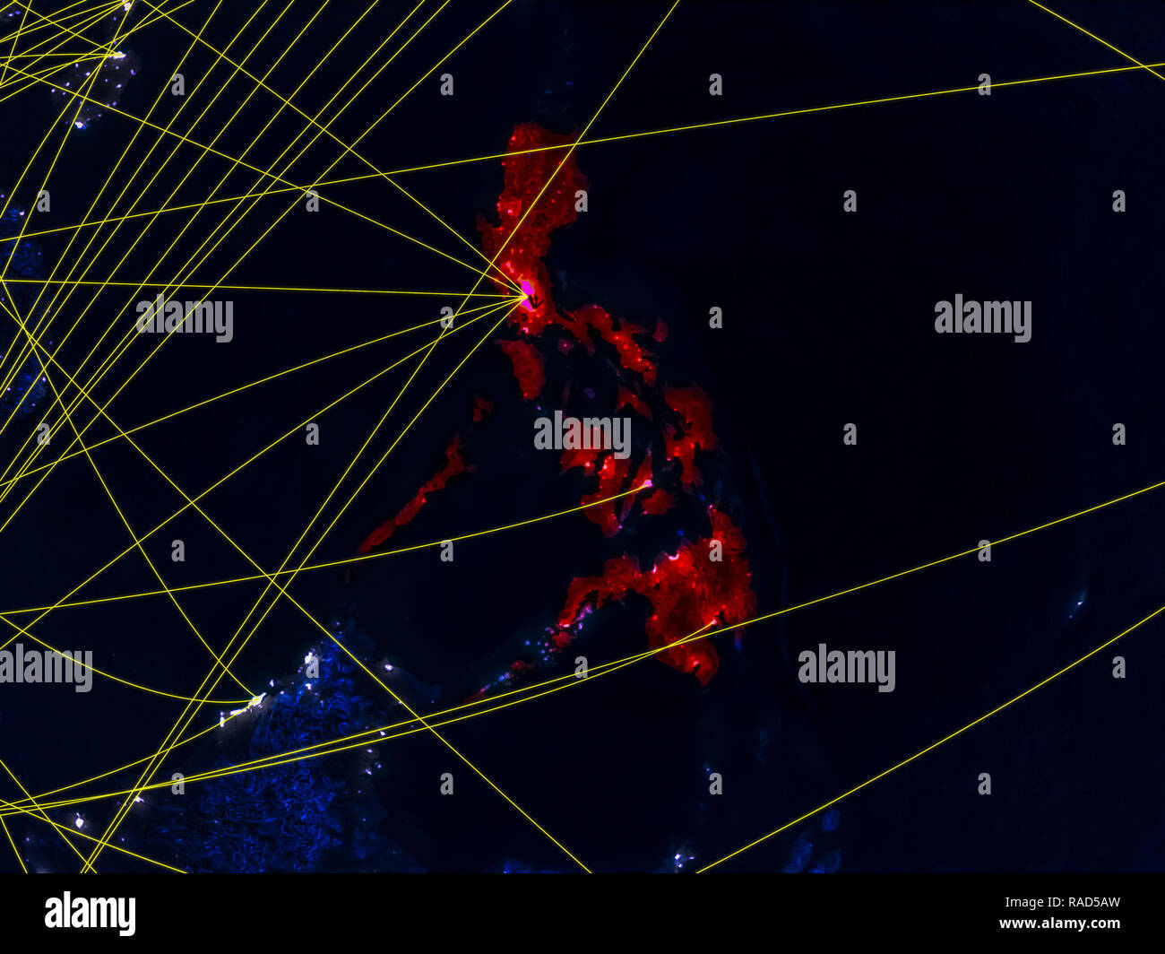 Philippines from space on model of planet Earth at night with networks ...