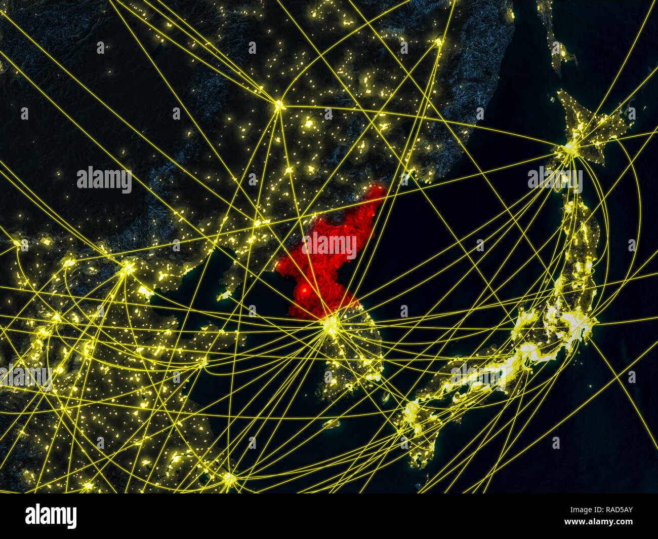 North Korea from space on model of planet Earth at night with networks ...