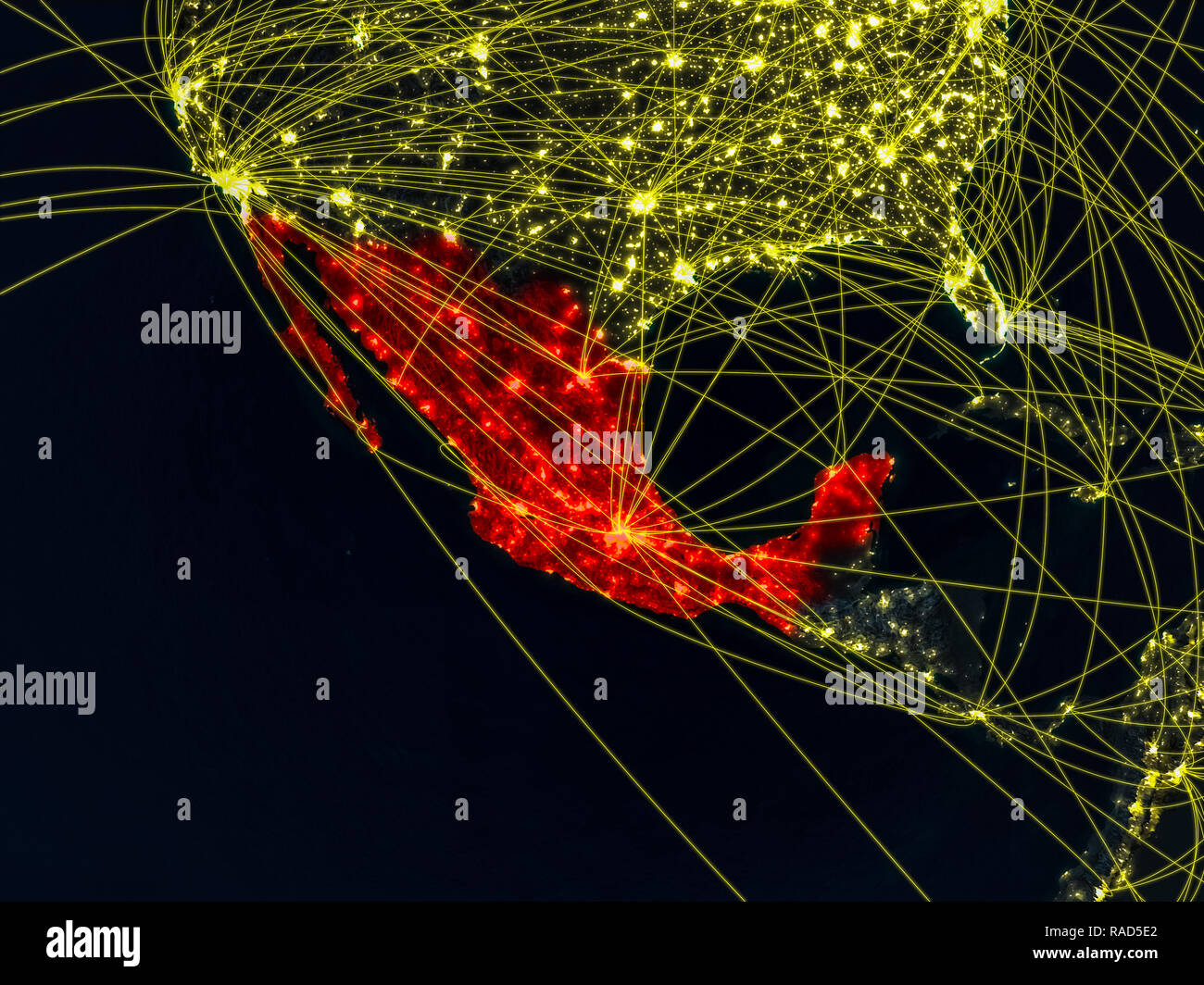 Mexico from space on model of planet Earth at night with networks ...