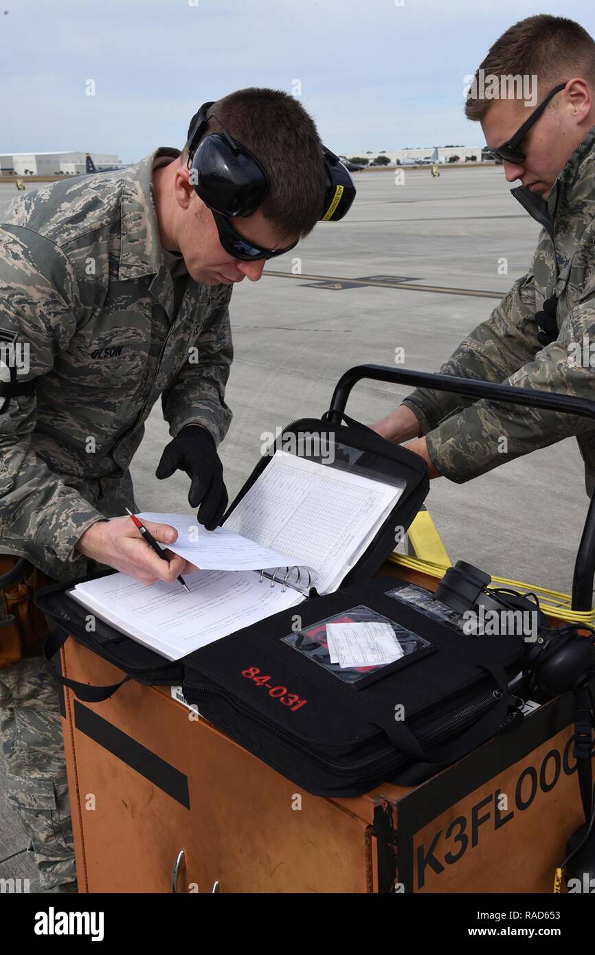 Members of the 142nd Fighter Wing prepare to participate in the Sentry Savannah 17-2 exercise, Savannah, Ga., Jan. 28, 2017.  Sentry Savannah is a joint aerial combat training exercise hosted by the Georgia Air National Guard, and the Air National Guard's largest Fighter Integration, air-to-air training exercise encompassing fourth and fifth generation aircraft. Stock Photo