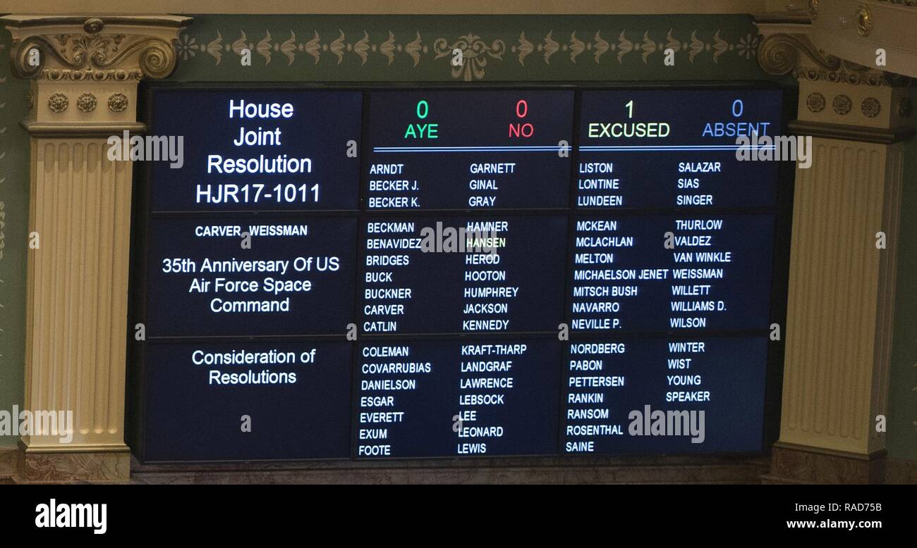 DENVER (Jan. 27, 2017) – The roll call board in the Colorado House of Representatives announces the upcoming vote which unanimously approved a resolution honoring the 35th anniversary of Air Force Space Command, headquartered in Colorado Springs, Colo. during Military and Veterans Appreciation  Day at the Capital Jan. 27, 2017. Stock Photo