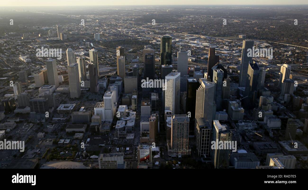 Downtown Houston is visible during the flyover of a U.S. Customs and Border Protection A-Star helicopter as it makes a flight over the are as it prepares to provide security to this coming weekend's Super Bowl 51 game in Houston, Texas, Jan. 30, 2017. U.S. Customs and Border Protection Stock Photo