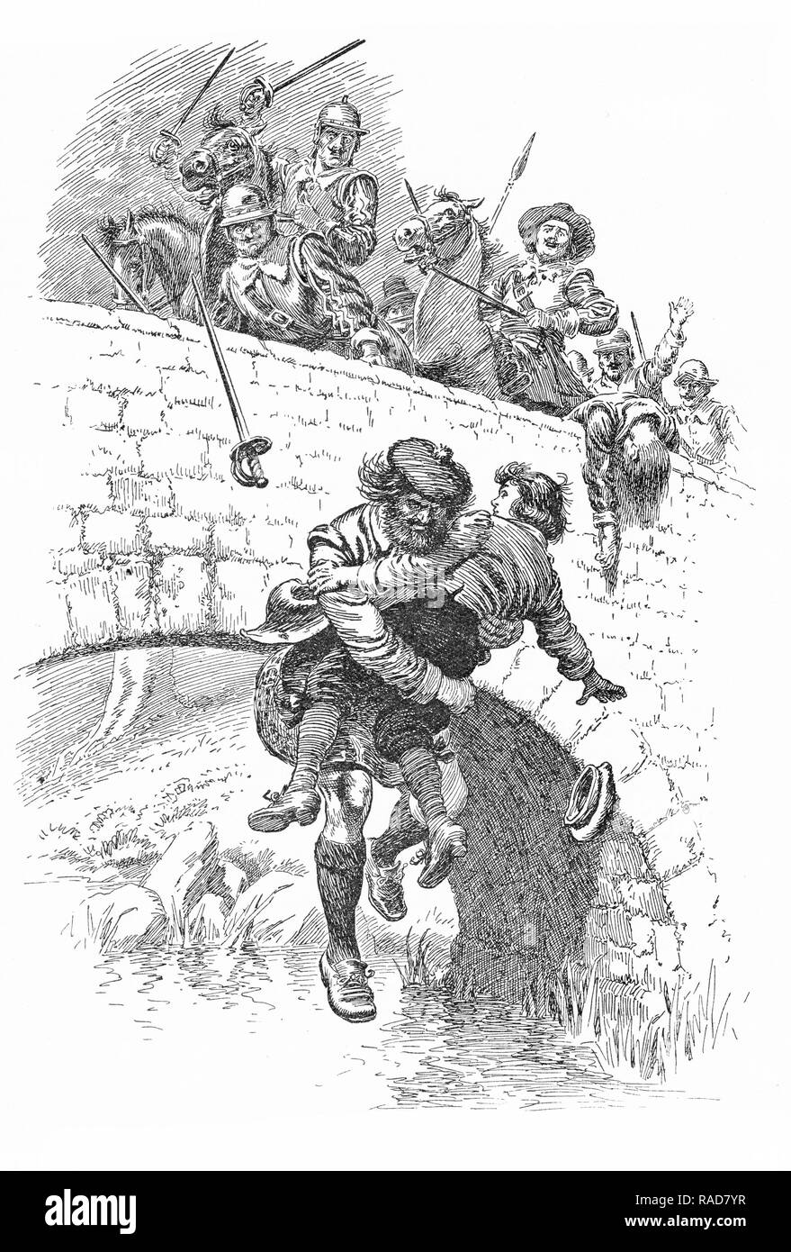 Engraving of a scotsman holding a boy as he leaps from a bridge and a ...