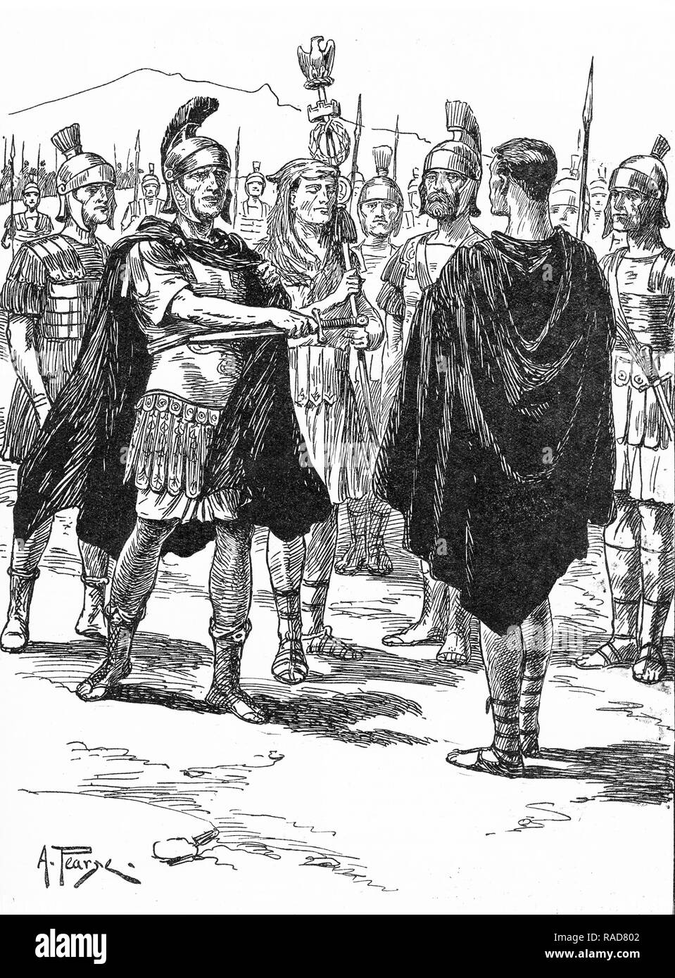 Engraving of a Roman officer handing a sword to another soldier on parade. From an original engraving in the Boys Own Annual 1925. Stock Photo