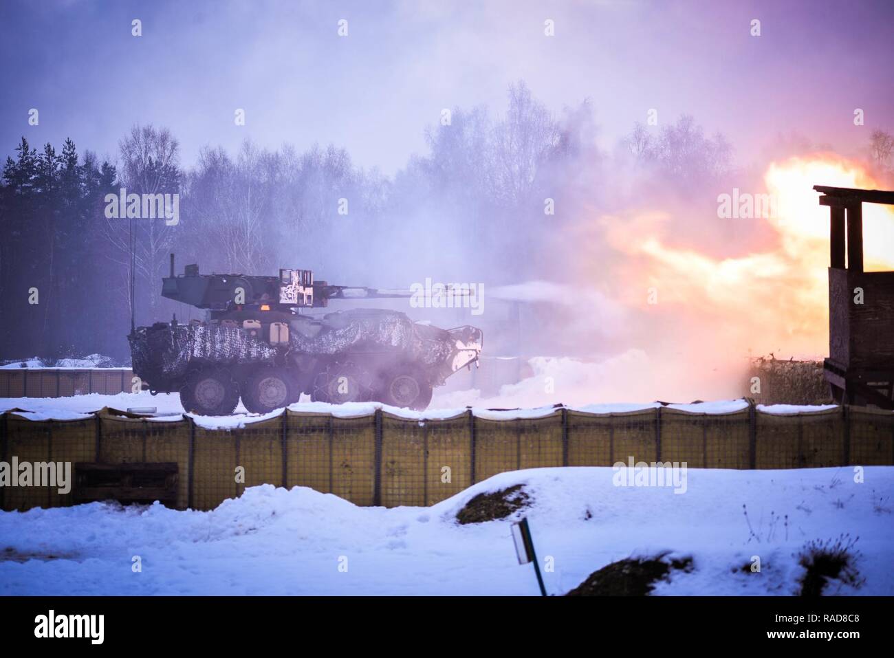 U.S. Soldiers assigned to 2nd Squadron, 2nd Cavalry Regiment participate in a Validation Exercise at the 7th Army Training Command’s Grafenwoehr Training Area, Germany, Jan. 31, 2017. The exercise will prepare the Squadron for enhanced forward presence in 2017 and will ensure maneuver leaders at the troop level are capable of integrating combat multipliers organic to the Regiment and will enable the troops and squadron to execute a variety of tactical missions. Stock Photo