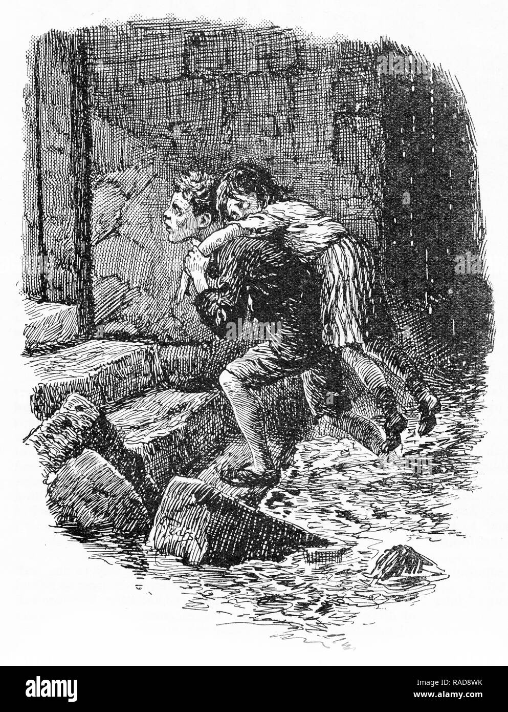 Engraving of a boy rescuing another from a flooded building. From an original engraving in the Boys Own Annual 1925. Stock Photo