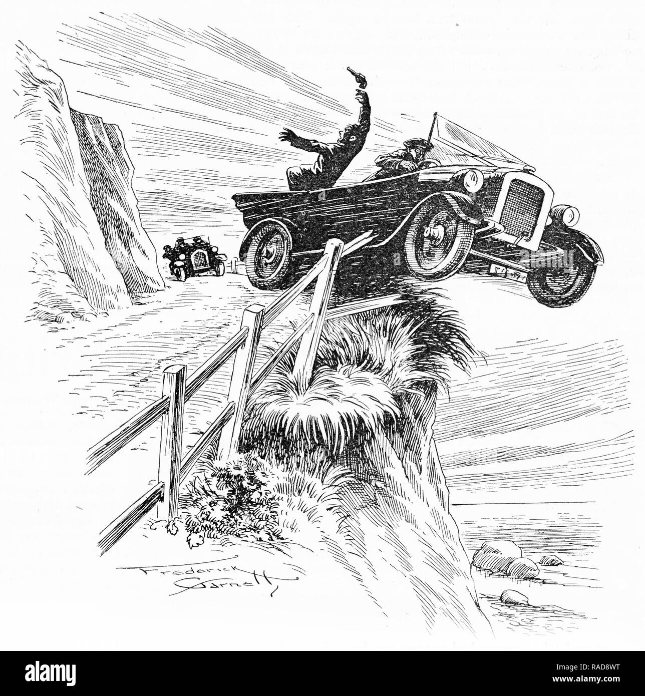 Engraving of a car chase, with one vehicle driving off a cliff. From an original engraving in the Boys Own Annual 1925. Stock Photo