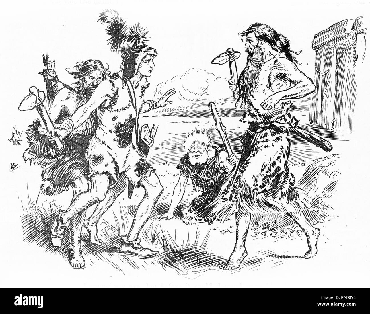 Engraving of a confrontation between stone-age men. From an original engraving in the Boys Own Annual 1925. Stock Photo