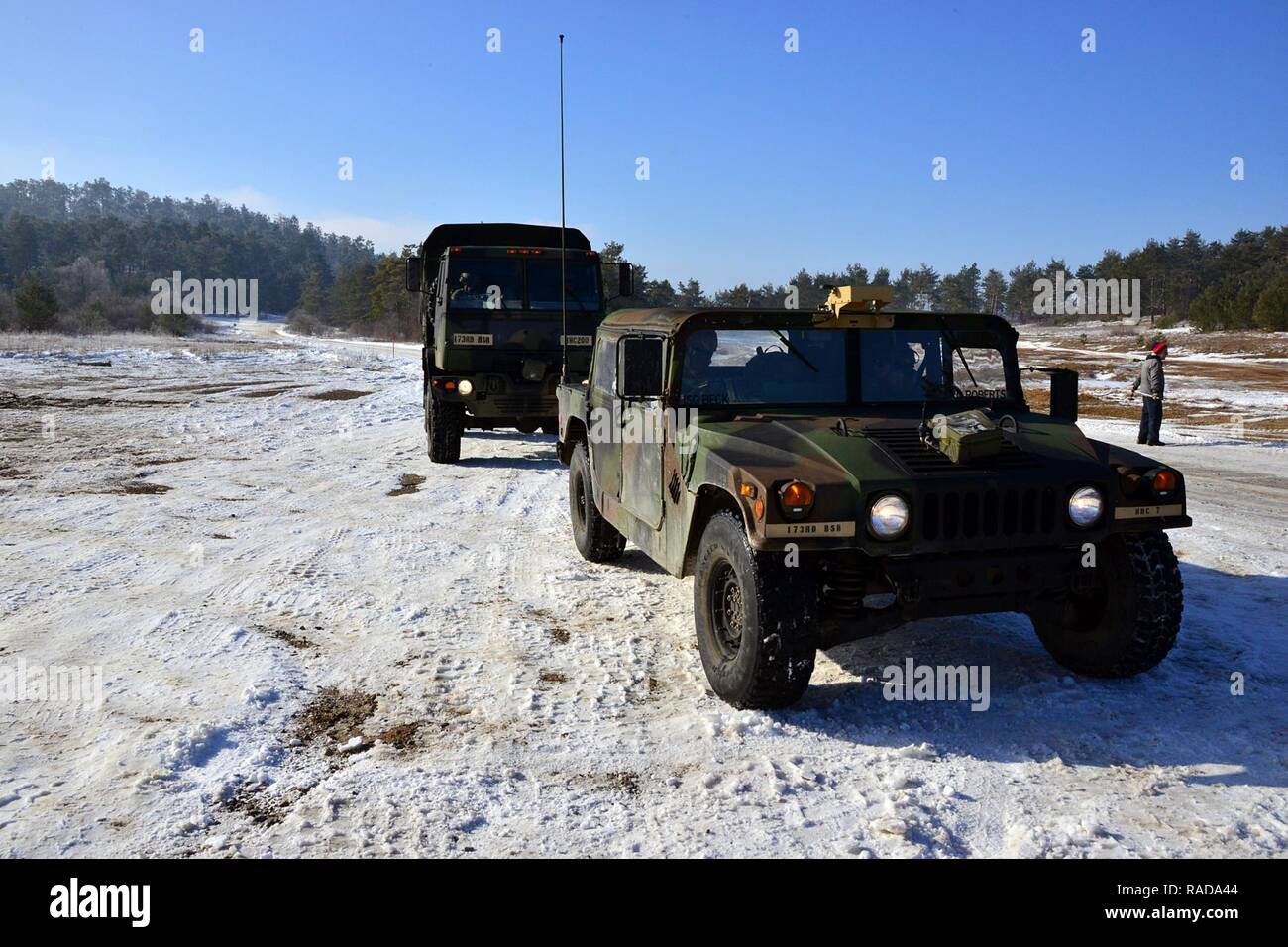 U.S. Army paratroopers from the 173rd Brigade Support Battalion, 173rd Airborne Brigade, conduct driver’s training on tactical vehicles in extreme winter conditions during exercise Lipizzaner III in Pocek, Slovenia, Jan. 29, 2017. Lipizzaner is a combined squad-level training exercise in preparation for platoon evaluation, and to validate battalion-level deployment procedures. Stock Photo