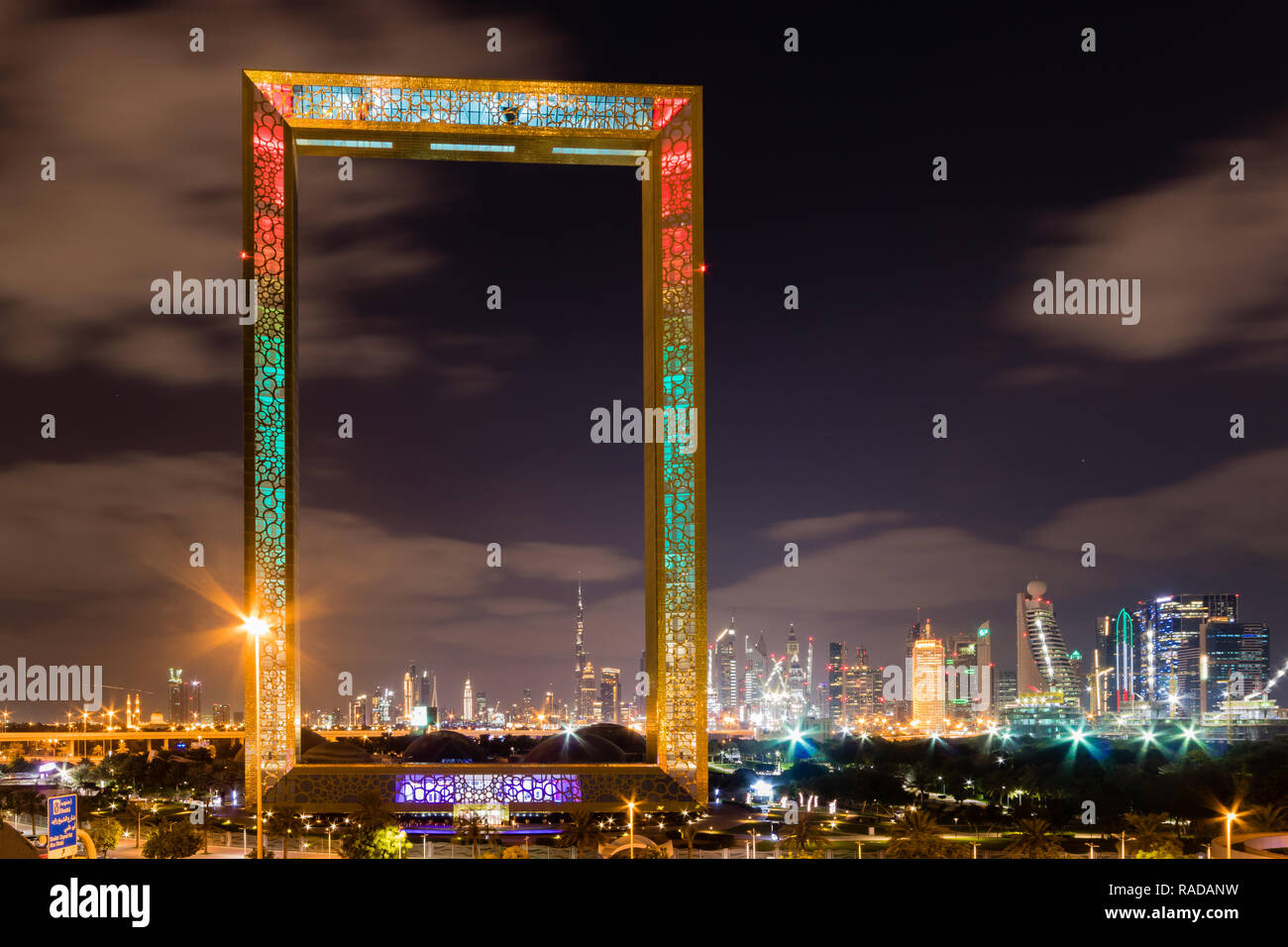 Dubai skyline and the Frame at night Stock Photo