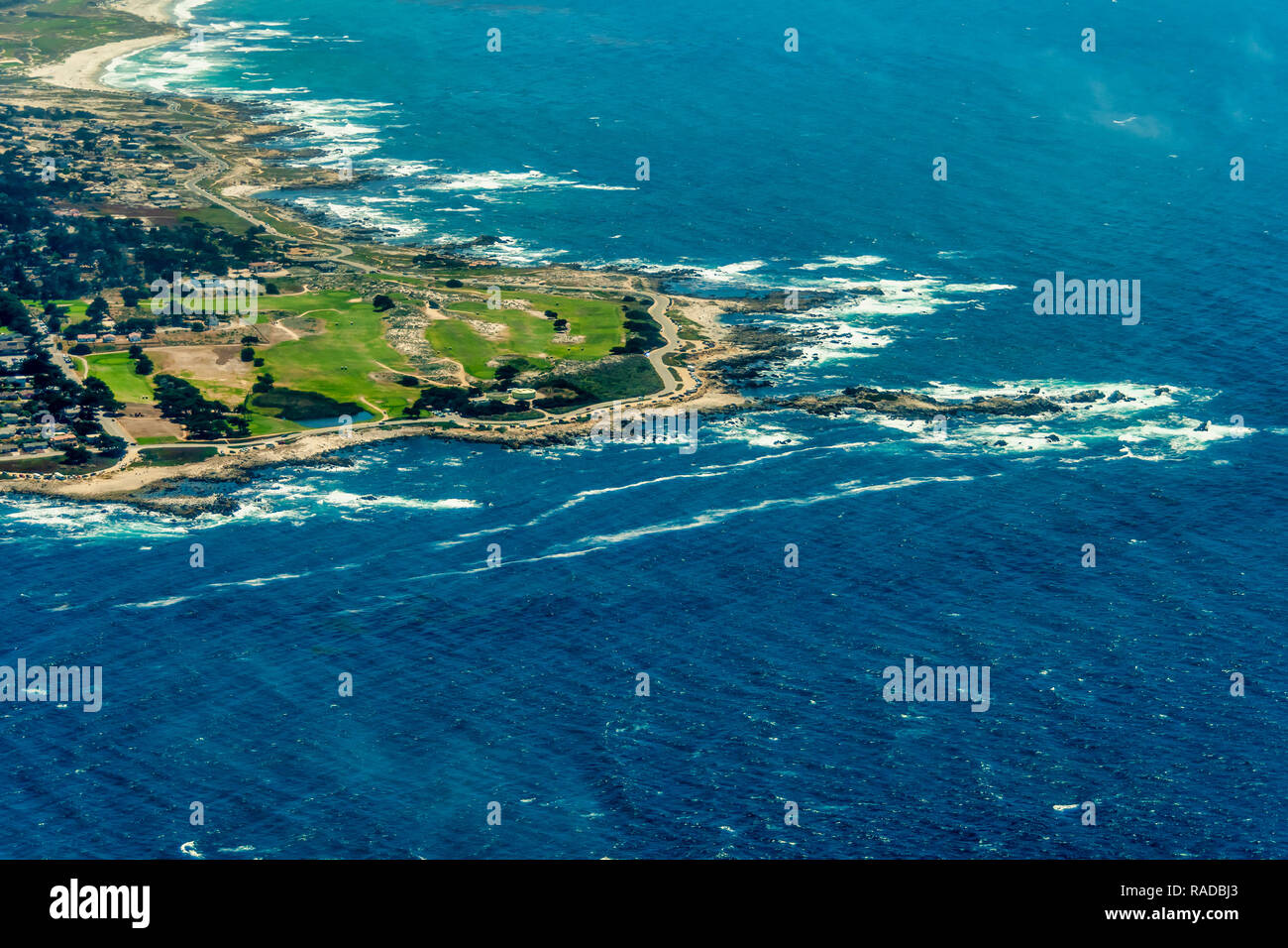 Aerial photo of 17 Mile Drive on Monterey peninsula in California seen from the plane. on a sunny day. Stock Photo