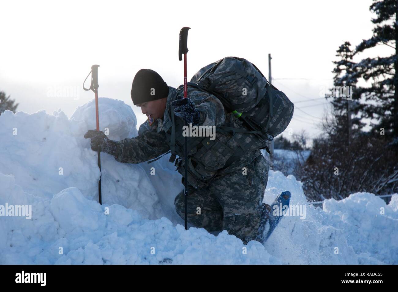 Alaska Army National Guard Spc. Mark Portillo, with Detachment 3, Alpha Company, 1/297th Infantry Battalion, demonstrates proper technique for climbing steep grades on snowshoes at the Kodiak City Park Annex in Kodiak, Alaska, Jan. 21, 2017. AKARNG Soldiers conduct cold weather indoctrination training, including oversnow movement, on an annual basis; Alaska State Defense Force members will likely participate in future cold weather training. Stock Photo