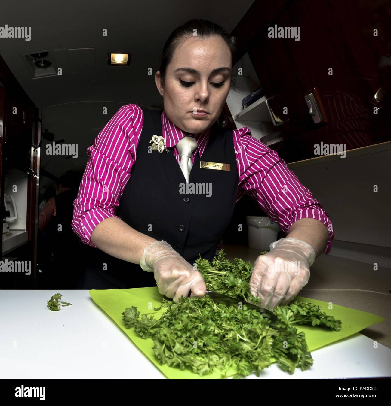 Staff Sgt. Autumn Murphy, 99th Airlift Squadron flight attendant, chops vegetables in a tiny kitchen in the rear of a C-20B, as the aircraft cruises at about 40,000 feet while flying between Tallahassee, Florida, and Panama City, Panama, Jan. 27, 2017. FAs are often praised for their culinary artistry and the uniqueness of preparing full meals while crossing the nation or oceans; however, foremost they are safety experts, and are responsible for the safe and confortable airlift of America’s most senior leaders anywhere on the globe. Stock Photo