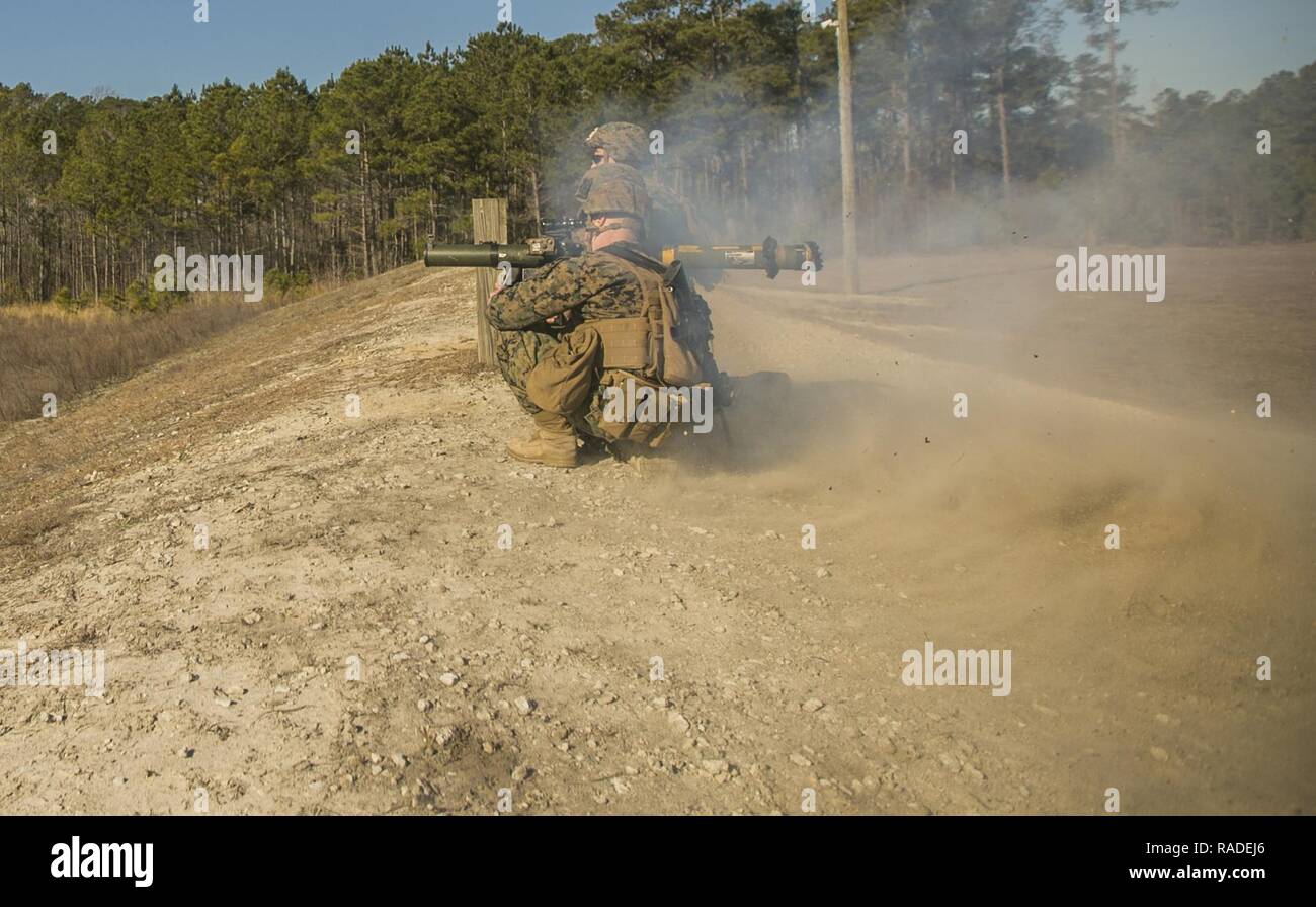 Pfc. Damian Baroni fires an Mk-153 Shoulder-launched Multipurpose Assault Weapon during a training event at Camp Lejeune, N.C., Jan. 31, 2017. The training was held to allow Marines to get experience with the SMAW.. Baroni is a combat engineer with 2nd Combat Engineer Battalion. Stock Photo