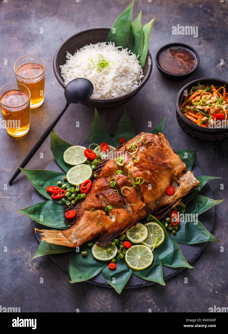 Thai crispy fish with tamarind sauce, copy space Stock Photo Alamy
