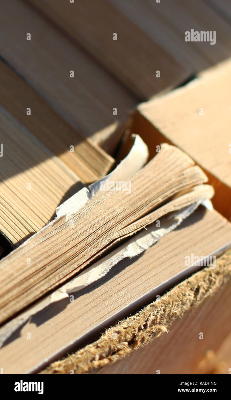 Closeup of secondhand books on a market stall Stock Photo