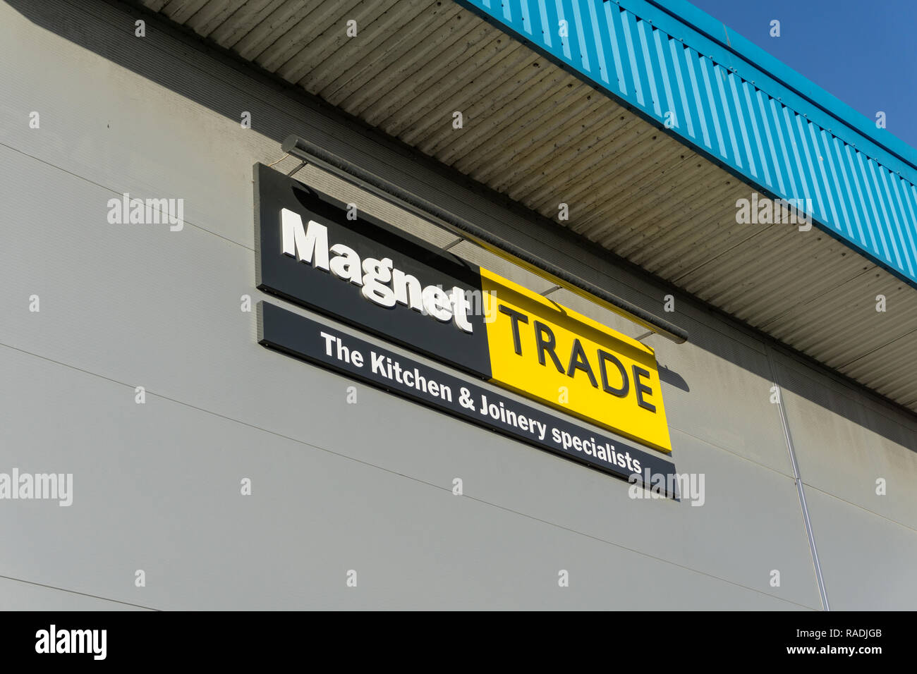 Signage for Magnet Trade, kitchen and joinery specialists, St James Trading Park, Northampton, UK Stock Photo