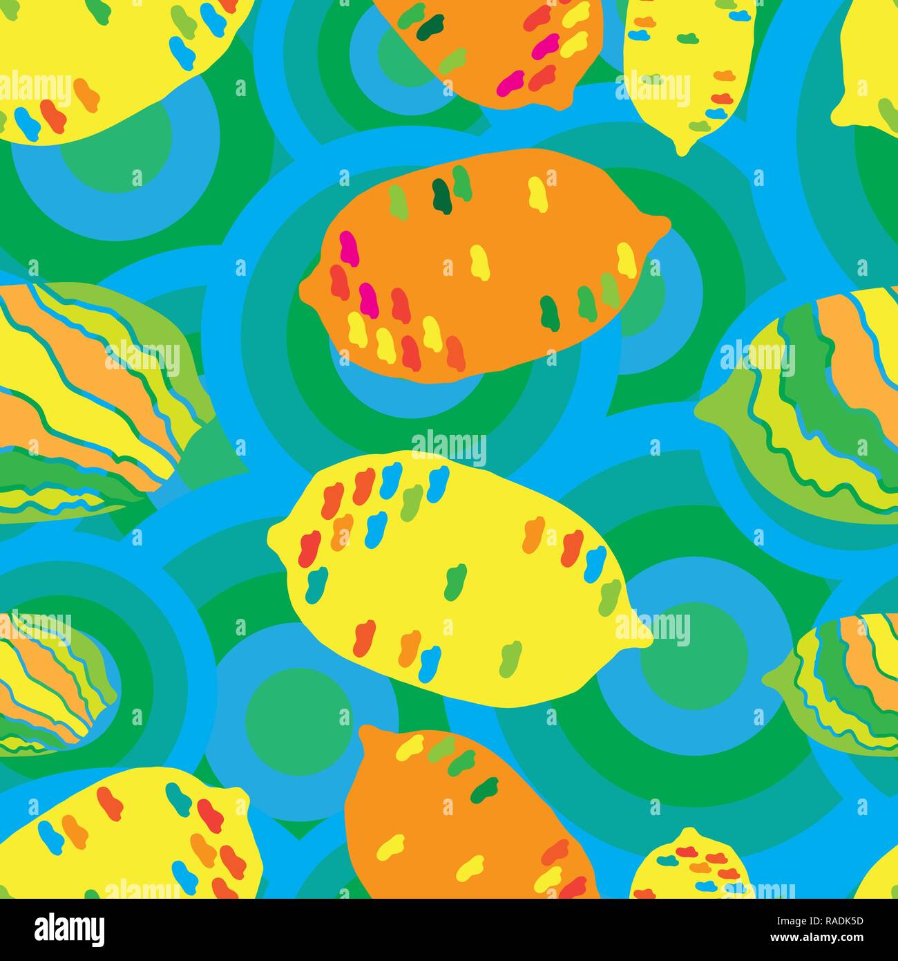 60's Lemons-Fruit Delight seamless Repeat Pattern illustration .Background in yellow orange Red blue and Green. Retro Pattern Background. Surface pattern Design, Perfect for Fabric, Scrapbook, wallpaper. Stock Vector