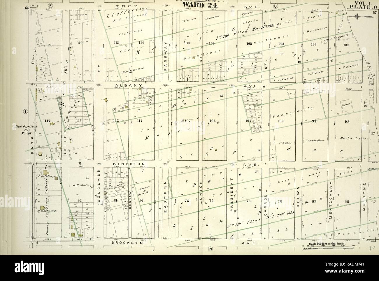 Vol. 1. Plate, O. Map bound by Troy Ave., City Line, Brooklyn Ave., Park PL, Including Albany Ave., Kingston Ave reimagined Stock Photo