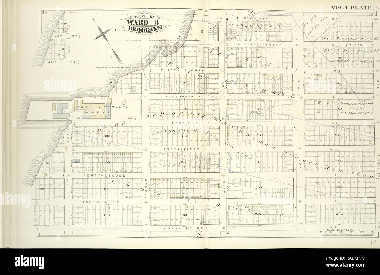Vol. 4. Plate, L. Map bound by Thirty-Sixth, Fifth Ave., Forty-Fourth St., Gowanus Bay, Including Third St., Forty- reimagined Stock Photo