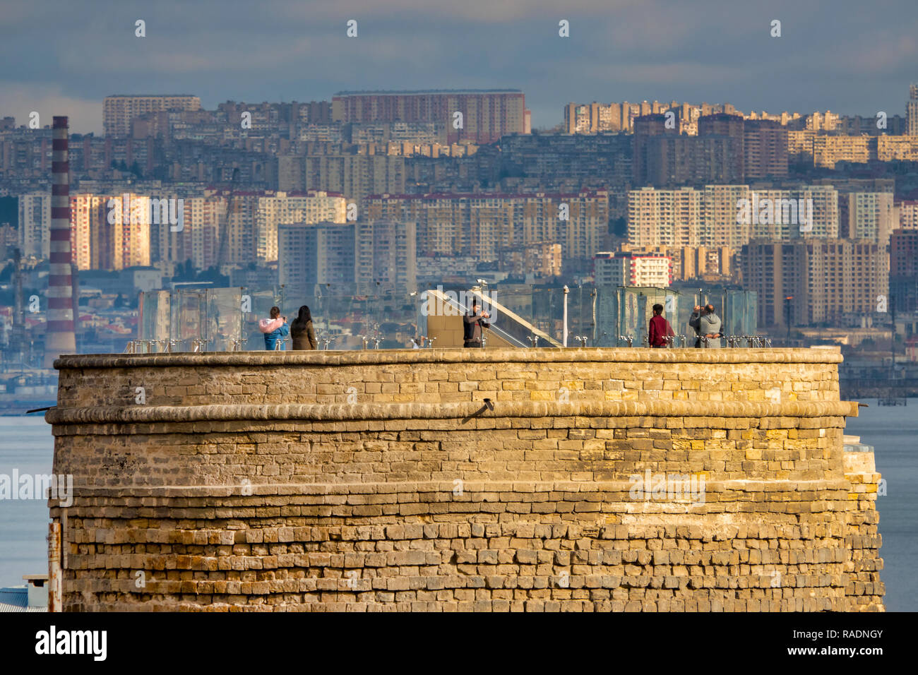 Tourists on top of Maiden Tower, Baku, Azerbaijan Stock Photo