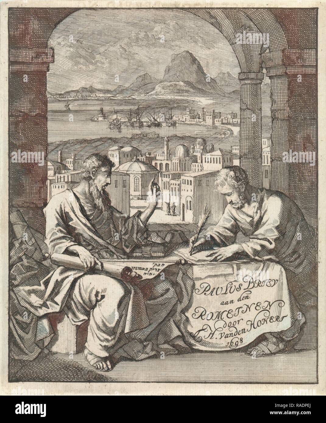Dictates Tertius the letter to the Romans, Jan Luyken, Frederik Haaring, Leonardus Stric. Reimagined Stock Photo