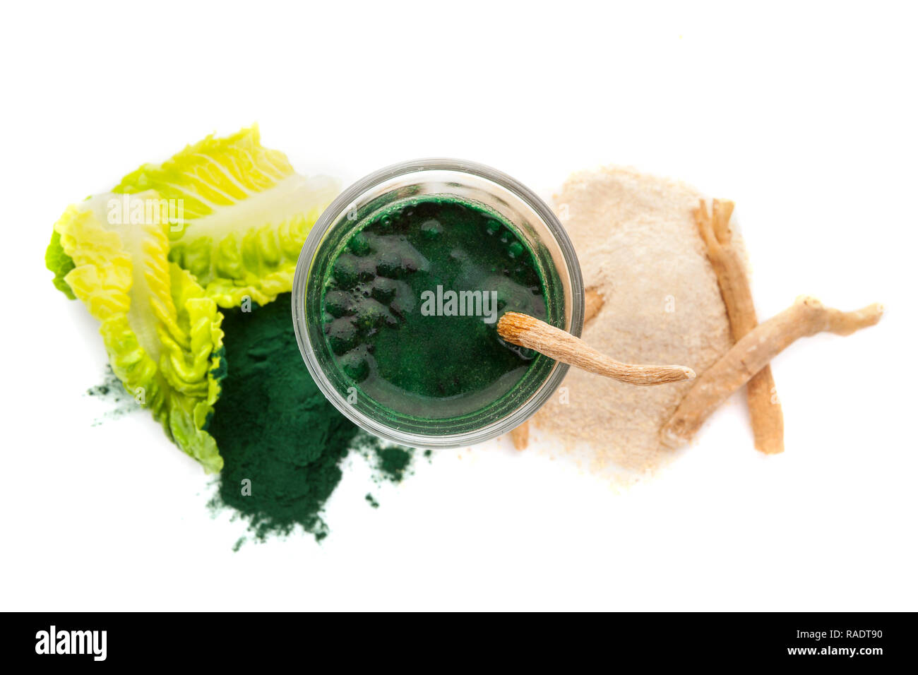 Ashwagandha, chlorella and green juice isolated on white background