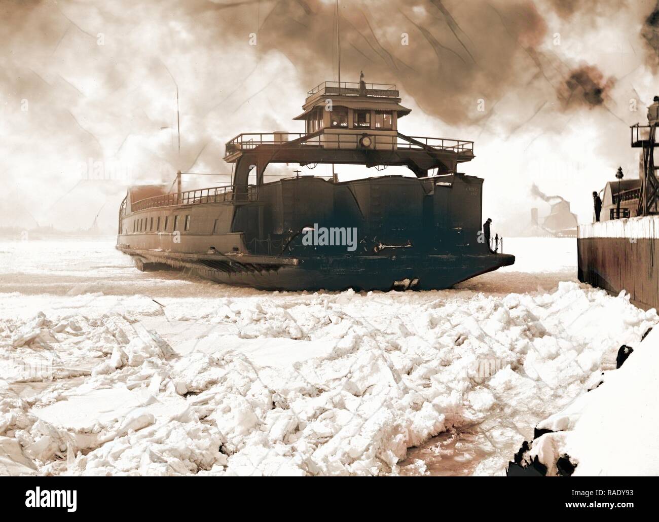 Car ferry, Michigan Central, entering slip, Detroit River, Michigan Central (Ferry), Railroad cars, Ferries, Rivers reimagined Stock Photo