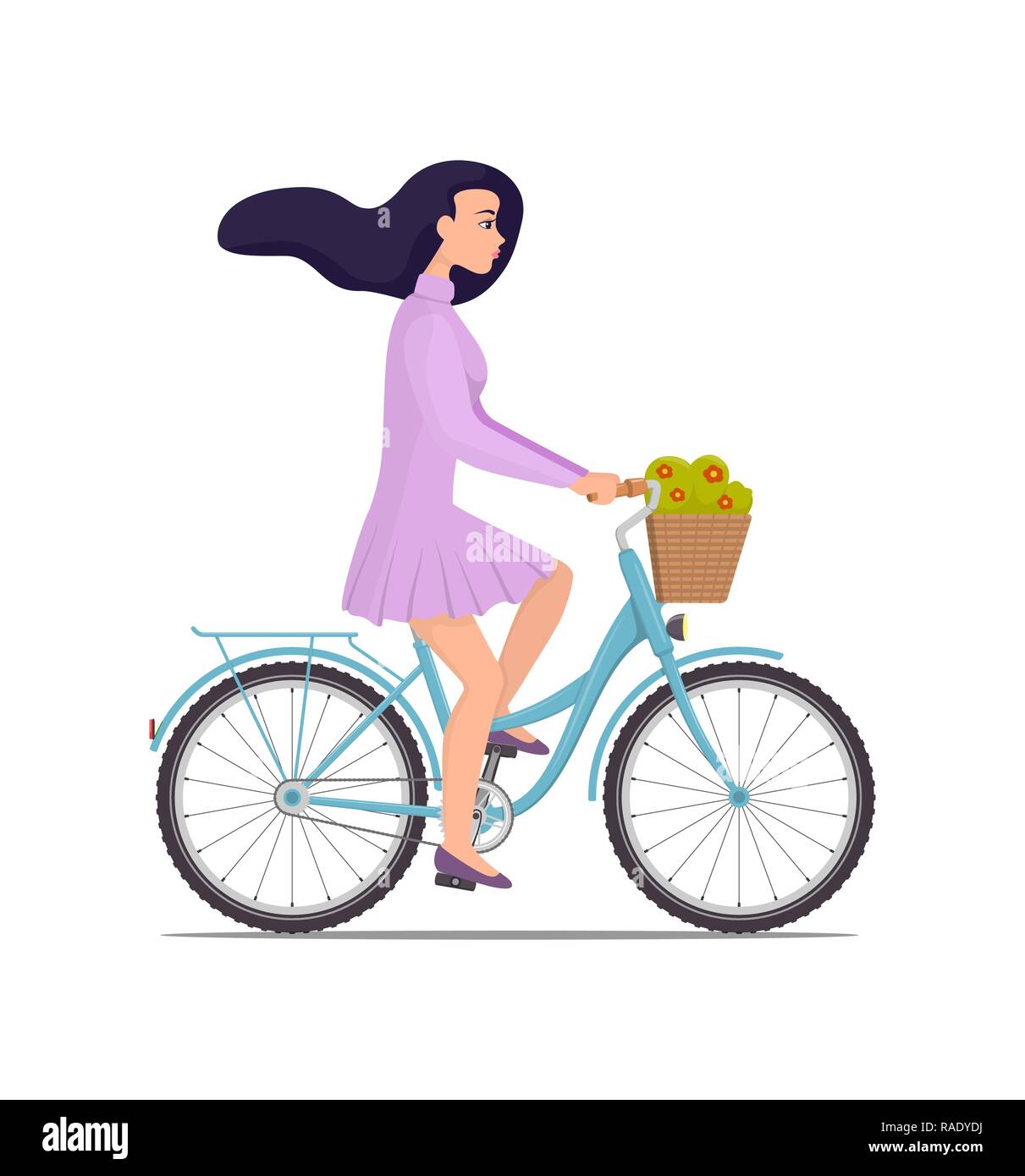 Beautiful young woman riding on a bicycle with flowers in a basket. Pretty girl in nice dress with fluttering hair in the wind rushes on bike. Vector  Stock Vector