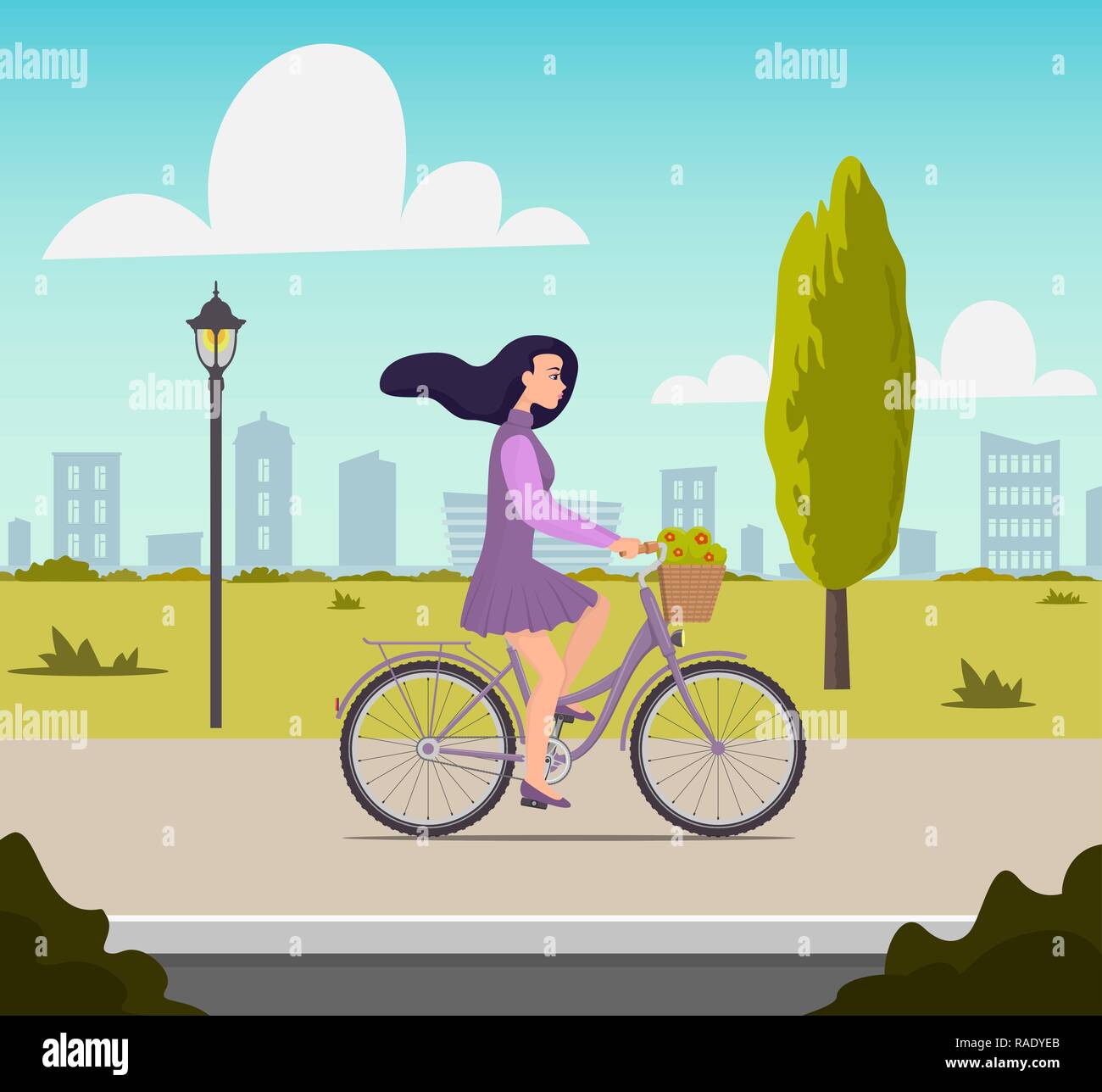 Beautiful young woman riding on a bicycle with flowers in a basket. Pretty girl in nice dress with fluttering hair in the wind rushes on bike. Vector  Stock Vector