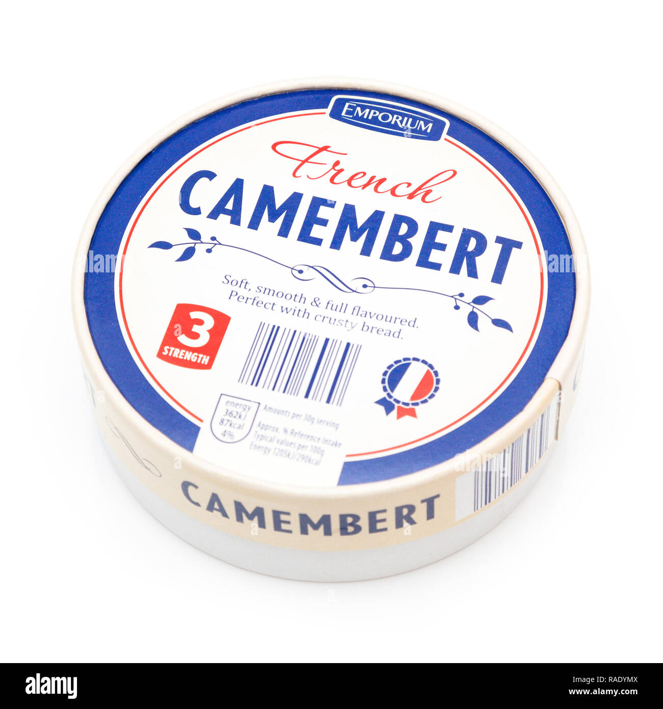 French Camembert Cheese isolated on a white studio background. Stock Photo